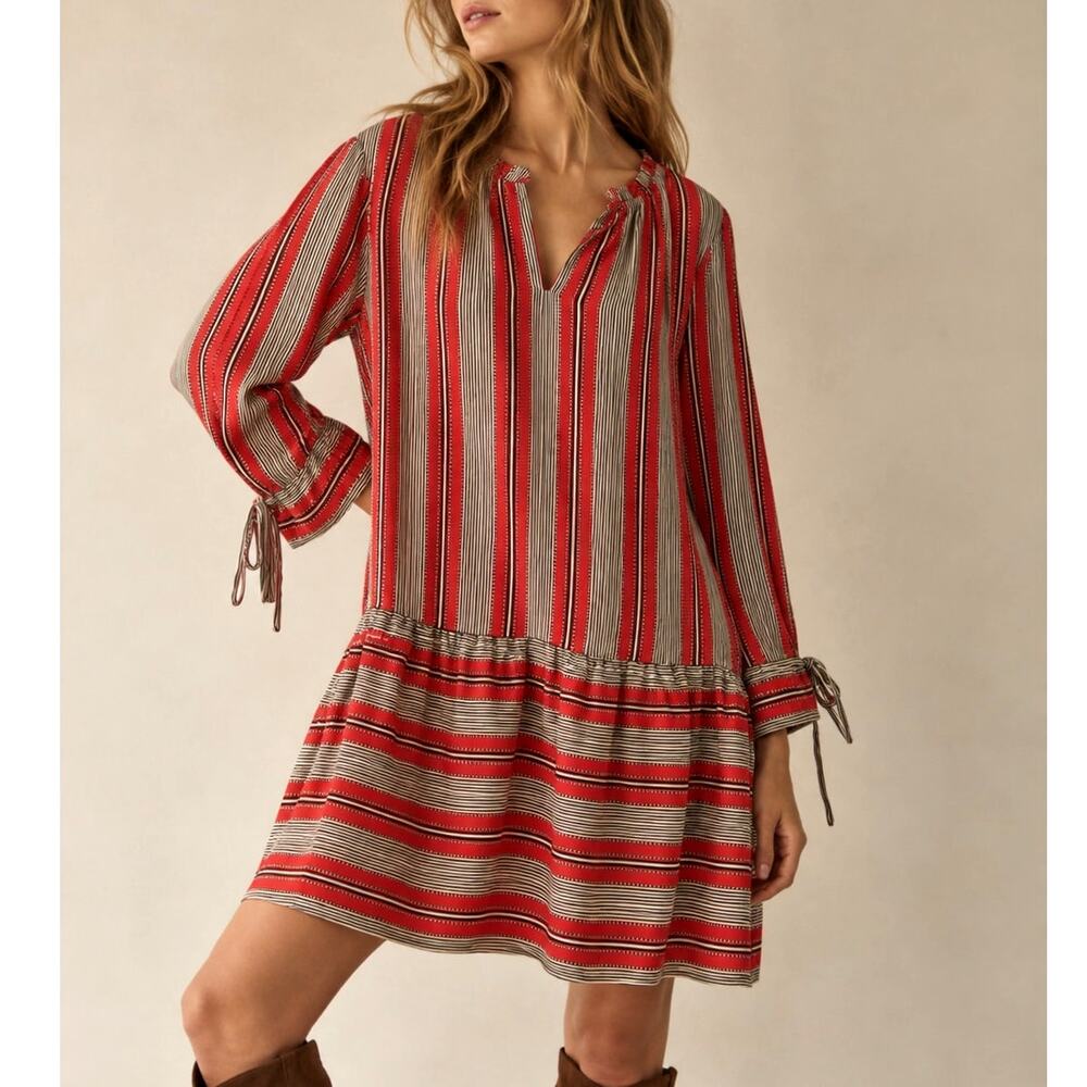 LOFT Striped Boho Drop Waist Mini Dress Red Tan Long Sleeve Size M Office Fall